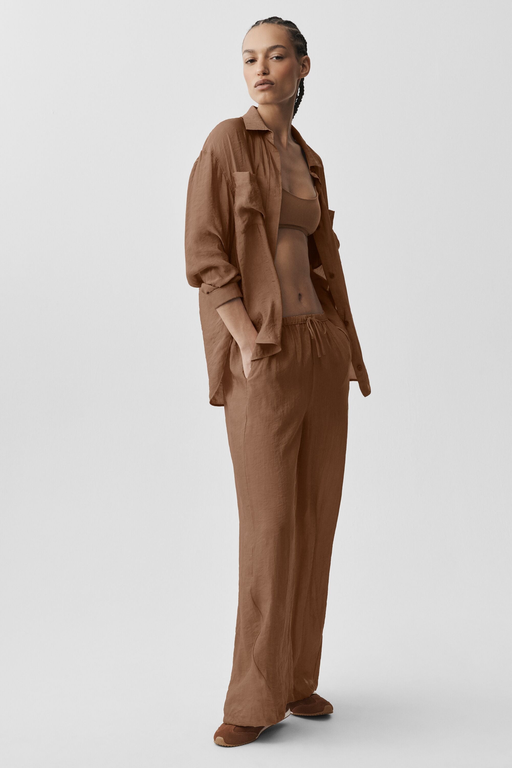 Semi-Sheer Golden Hour Button Down Long Sleeve - Sun Kissed Brown