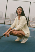 Tennis Club Sweater Knit Cardigan - Oatmeal/White
